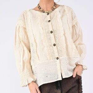 Cream eyelet cotton Blouse with Button Detail.